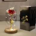 Rosa galassia in cupola di vetro con luci LED e confezione regalo nera elegante - Black Gift Box Wood Base / Fiore Rosso