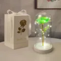 Rosa verde artificiale in cupola di vetro con luci LED ed elegante confezione regalo - Rosa Colorata con Base Bianca (Scatola Regalo Bianca) / Verde