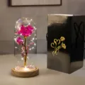 Rosa eterna colorata in cupola di vetro con luci LED e confezione regalo nera per San Valentino - Black Gift Box Wood Base / Floreale Rosa