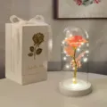 Dettaglio della rosa artificiale illuminata in una cupola di vetro con luci a LED. - Rosa Colorata con Base Bianca (Scatola Regalo Bianca) / Rosa