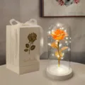 Rosa arancione illuminata in cupola di vetro con elegante confezione regalo bianca - Rosa Colorata con Base Bianca (Scatola Regalo Bianca) / Arancione
