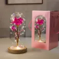 Rosa artificiale in foglia d'oro in cupola di vetro con LED e confezione regalo rosa - Windowed Pink Box Wood Base / Floreale Rosa