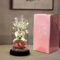 Rosa preservada Oso Cúpula de Cristal Luz LED Regalo San Valentín Romántico Detalle - Caja de cartón corrugado rosa, oso y flores doradas de colores