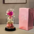 Rosa eterna en cúpula de cristal con tierno oso de peluche y luces LED, regalo romántico. - Caja de cartón corrugado rosa, oso y flores rosas