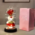 Luz Nocturna Osito Rosa Cúpula De Vidrio LED Romántico Caja Regalo San Valentín - Caja de cartón corrugado rosa, oso y flores rojas
