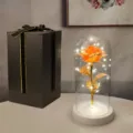 Rosa arancione artificiale con luci a LED in cupola di vetro e scatola regalo elegante - Rosa Colorata con Base Bianca (Scatola Regalo Nera) / Arancione