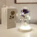Elegante rosa galassia in cupola di vetro con luci LED e confezione regalo bianca per San Valentino - Rosa in Foglia d'Oro con Base Bianca (Scatola Regalo) / Viola
