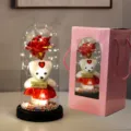 LED Roos Beer Glazen Koepel Geschenkdoos Romantische Valentijnsdag Huisdecoratie - Roze golfkartonnen vensterdoos, beer & rode bloemen