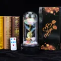 Detailed view of eternal gold foil rose in glass dome with glowing LED lights and remote - Rotating Music Box+USB Remote+LOVE Bears / Rainbow Gold