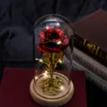 Nahaufnahme einer vergoldeten Rose in einer Glaskuppel mit funkelnden LED-Lichtern - Rot Goldfolie (Klee/Holzsockel)