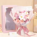 Detailed view of 18pcs artificial soap rose bouquet inside an elegant pink gift box - With Handbag (18pcs Window Gift Box) / Pink