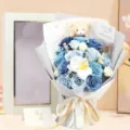 Detailed view of 18 blue and white soap roses bouquet with a cute teddy bear gift - 18 Blue Manta Roses Gift Box with Bear / Without Handbag