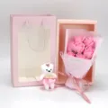 7pcs pink soap roses bouquet with cute teddy bear and gift bag for Valentines Day - Pink