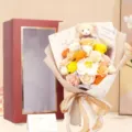 Handcrafted 18-piece soap rose flower bouquet with teddy bear and elegant gift box - 18 Champagne Manta Roses Gift Box with Bear / Without Handbag