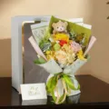 Elegant soap rose flower bouquet with teddy bear and gift box for Valentine's Day gift for women. - Bouquet + Gift Box (Without Bag) / Grey Gift Box - Hydrangea & Manta - Champagne Color - Bear