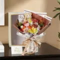 Elegant soap rose bouquet with teddy bear, perfect Valentine's Day gift for her - Bouquet + Gift Box (Without Bag) / Grey Gift Box - Hydrangea & Manta - Coffee Color - Bear
