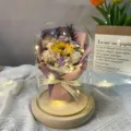 Cúpula de cristal flor eterna LED regalo romántico cumpleaños girasol rosa decoración - Cúpula de cristal grande con base de madera / Violeta Claro