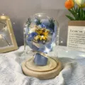 Cúpula de cristal rosa flor lámpara girasol artificial regalo cumpleaños decoración - Cúpula de cristal grande con base de madera / Azul Hielo