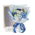 Blue and white soap flower bouquet with gift box and Best Wishes card - Grey Gift Box Hydrangeas and Manta Blue Flowers / Bouquet and Gift Box (No Bag Included)