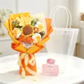 Handmade crochet sunflower and rose bouquet with transparent gift bag and greeting card - Orange Forget-me-not & Sunflower Bouquet / Trapezoid Bag