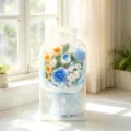 Handmade crochet flower bouquet finished product with clear gift box, perfect romantic gift. - Blue Lily of the Valley Rose with Gift Box
