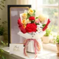 Handmade crochet flower bouquet detail, knitted rose and lily gift for Valentine's Day - Black Window Box Lily and Rose / Red