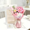Detailed view of a handmade crochet bouquet featuring pink cosmos and white flowers - Pink Galsang Flower & Corner Rose Bouquet / Window Bag