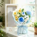Handmade crochet wool rose flower bouquet knitted floral gift for Valentine's Day home decor. - Grey Window Box Lily and Rose / Blue