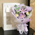 Beautiful hand-crocheted purple yarn flower bouquet with heart and elegant white gift bag - Cosmos Tulip Daisy Heart Gift Bag / Purple