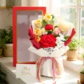 Handmade crochet rose and flower bouquet in red and white gift box for Valentine gift. - Red Window Box Lily and Rose / Red