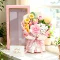 Handmade crochet flower bouquet with gift box, perfect romantic gift for Valentine's Day. - Pink Window Box Lily and Rose / Pink