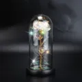 Nahaufnahme einer schillernden goldfarbenen Rose mit LED-Lichtern in einer Glaskuppel - Galaxy Mehrfarbig (Schwarzer Sockel, Klee, Buntes Licht)