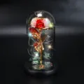 Exquisite Goldfolienrose in Glaskuppel mit leuchtenden LED-Lichterketten als Geschenk - Rot (Schwarzer Sockel, Klee, Buntes Licht)