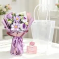 Handmade purple crochet flower bouquet with transparent gift tote and greeting card - Purple Galsang Flower & Rose Bouquet / Trapezoid Bag