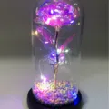 Dôme en Verre LED Rose Feuille d'Or Artificielle Fleur Lumineuse Cadeau Saint-Valentin - Forfait 1 Modèle Standard / Or Coloré & Macaron - Rose Éclatant