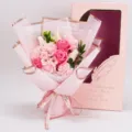 Pink soap flower bouquet gift box with roses and carnations for romantic occasions and gifts. - Gold-Rimmed Flower Heart Cherry Blossom Bouquet + Feather Gift Box / Pink