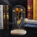 Detail einer goldenen künstlichen Rose in einer Glaskuppel mit LED-Lichterkette. - Gold (Holzsockel)