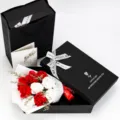 Detailed view of 9-piece simulation rose soap flower bouquet inside elegant black gift box - 9 Pieces (With Gift Box Tote Bag Greeting Card) / Red White