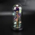 Nahaufnahme der Galaxienrose in Glaskuppel mit funkelnden LED-Lichtern auf schwarzem Grund - Lila (Schwarzer Sockel)