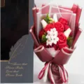Artificial soap rose flower bouquet gift box for Valentine's Day Mother's Day present - Gold-Rimmed Flower Heart Cherry Blossom Bouquet + Feather Gift Box / Red