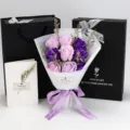 Detailed view of the 9-rose soap flower bouquet including a gift bag and greeting card. - 9 Pieces (With Gift Box Tote Bag Greeting Card) / Purple Series