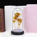 Gold Rose Glass Dome LED Light Valentine Gift USB Charging Eternal Flower Ornament - 3 Gold Foil Roses / Gold
