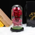 Dos rosas rojas artificiales en cúpula de vidrio con luces sobre alfombra blanca - Adorno de Cúpula de Vidrio de Rosa de Franela (Incluye Cable USB y Césped Artificial) / Rojo