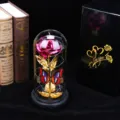 Regalo de San Valentin rosa de oro cupula de cristal LED luz nocturna flor eterna - Tres Hojas + Mariposa Hueca / Rosa rojo