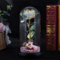 Galaxy iridescent rose in glass dome with LED string lights and cute couple figurines - Macaron Hugging Style / Black Base+Colorful Gold Flower+Color Light