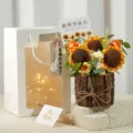 Handcrafted crochet sunflower potted plant gift set with gift bag and greeting cards for teachers. - 3 Crochet Sunflowers in Wood Bucket, Happy Teacher's Day