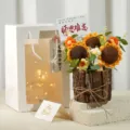 Handcrafted crochet sunflower potted plant with gift bag and greeting card for decor. - 3 Knitted Sunflowers in Wooden Bucket for Teacher Appreciation