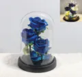 Trois roses en velours bleu sous cloche de verre avec LED, cadeau décoratif romantique - Trois Roses Rondes / Grand Dôme en Acrylique / Bleu