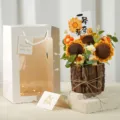 Handmade knitted sunflower potted plant graduation gift with gift bag and greeting card. - 3 Crochet Sunflowers in Bucket, Success Theme