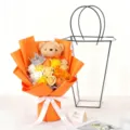 Soap rose bouquet with plush teddy bear and silver crown in bright orange gift wrapping - Large Bouquet Crown Bear (Black Trapezoid Bag) / Champagne